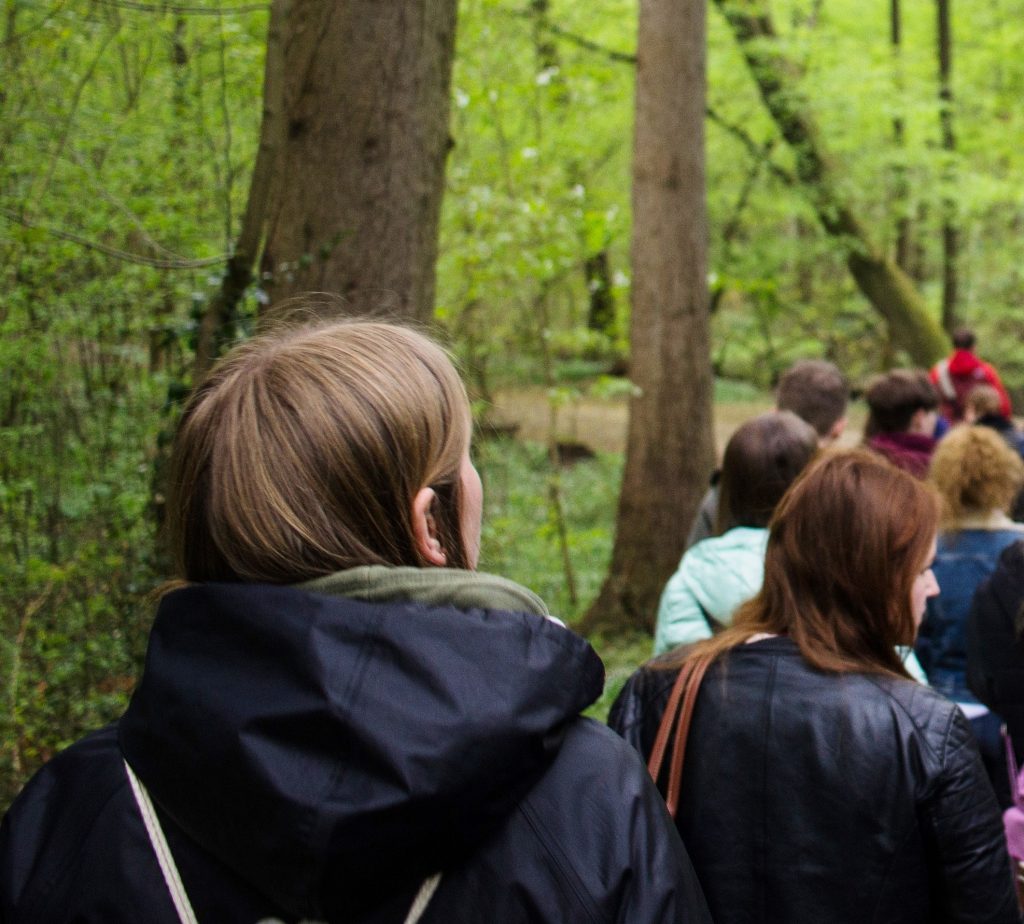 Gruppe Jugendlicher spazieren durch Wald